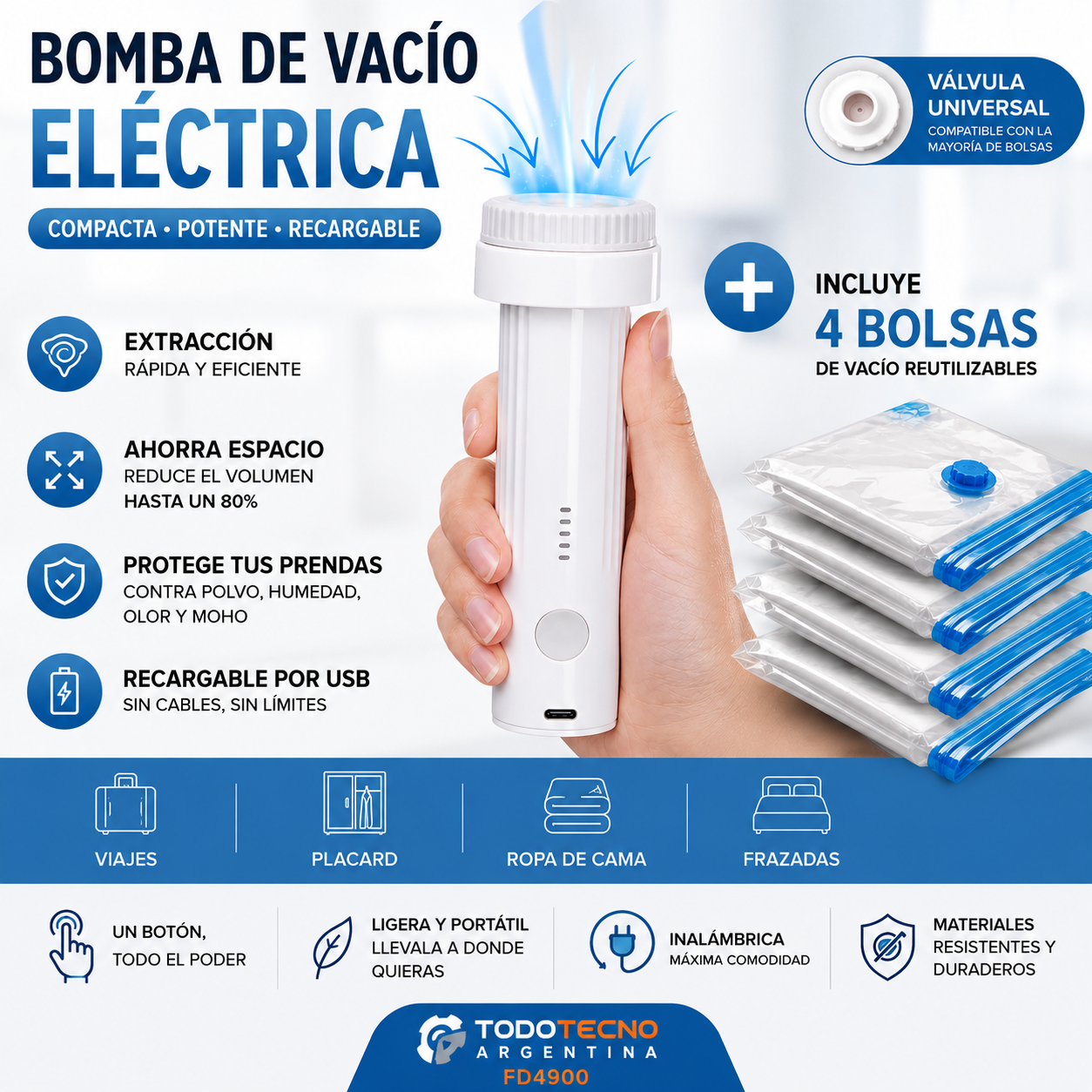 Bomba eléctrica para comprimir ropa en valija de viaje